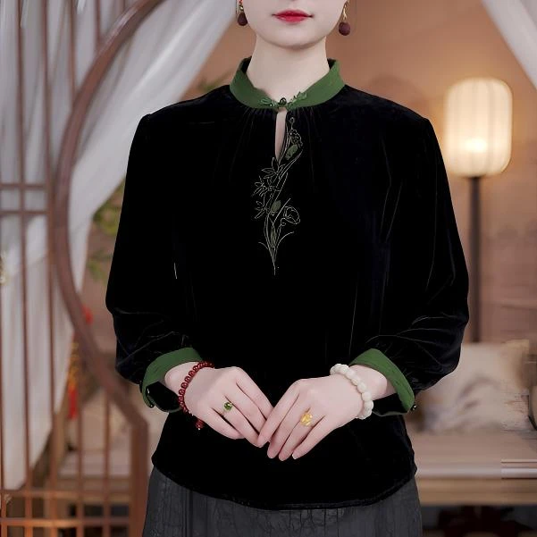 100%桑蚕丝】高端刺绣真丝绒上衣长袖国风女士秋冬妈妈装818913