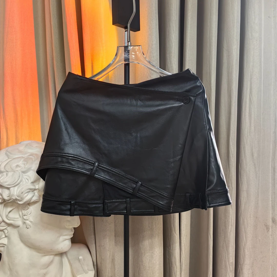 不对称围裹式PU皮革半裙