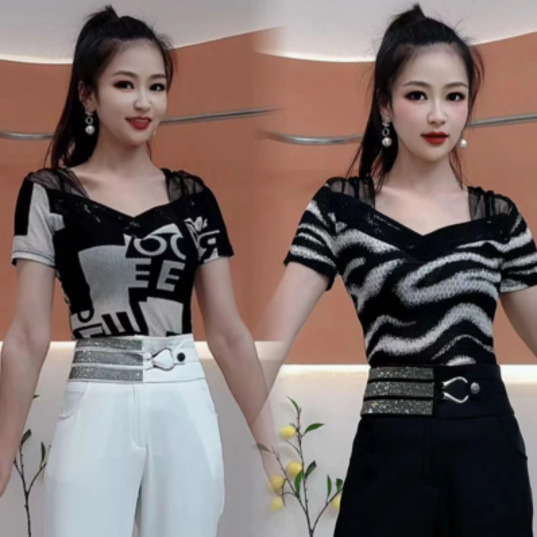 贵述网纱拼接性感V领T恤女短袖夏装欧洲站时尚修身洋气小衫6056