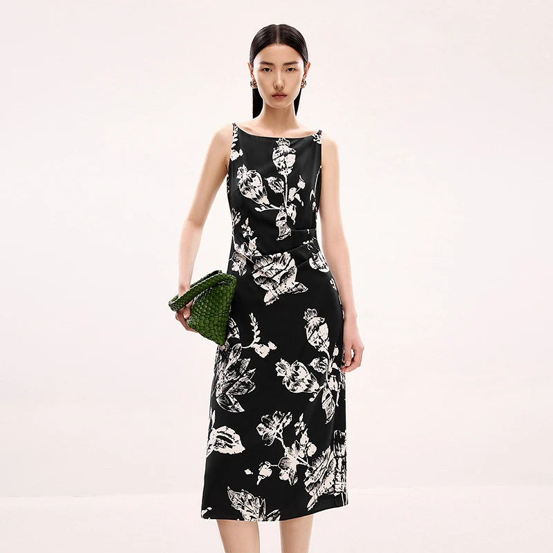 真丝·LANCY/朗姿2025新款法式浪漫印花吊带优雅收腰显瘦连衣裙LCJ