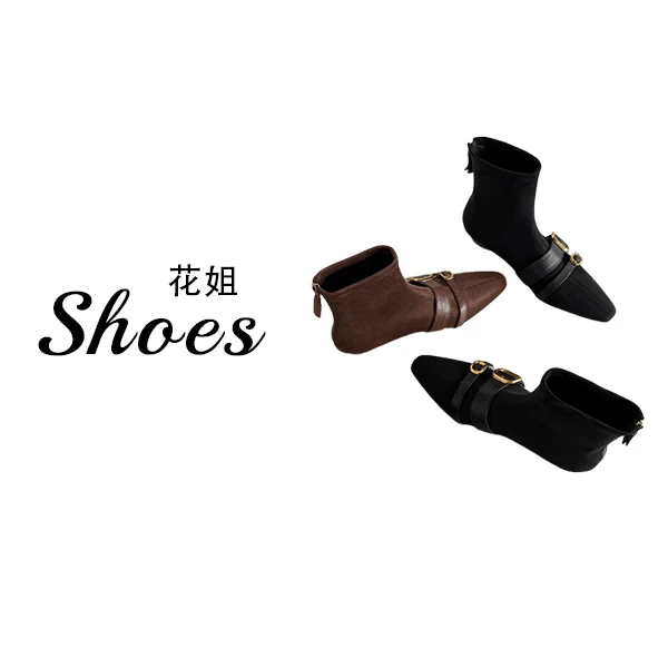 法式轻奢温柔风绒面瘦瘦靴皮带扣复古冬季舒适小方头短靴