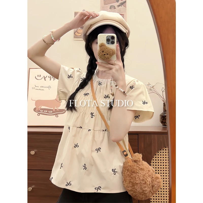【FLOTA】蝴蝶结甜美少女感气质短袖T恤女小香风捏褶洋气上衣0767