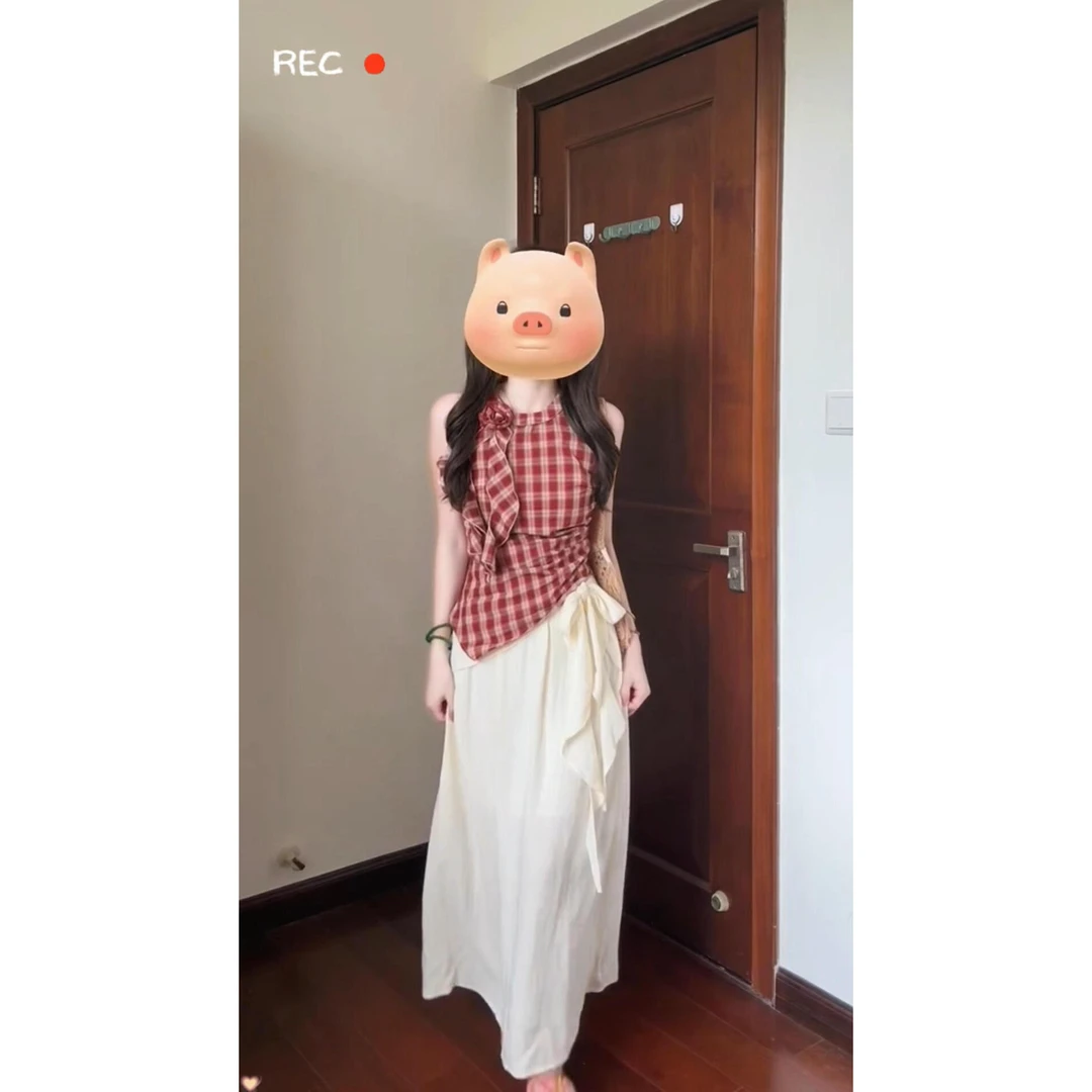 复古飘带挂脖格纹吊带背心不规则上衣荷叶边高腰显瘦半身裙套装