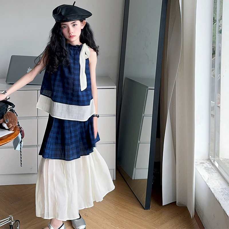 女童夏季套头格子森系女孩纯色常时尚装半身公主裙洋气中大童套裙