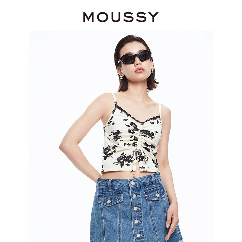 MOUSSY2025夏季新品复古港风辣妹玫瑰抽绳蕾丝吊带028HSZ90-1761