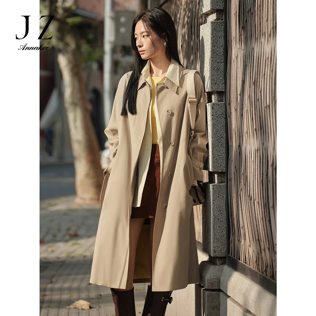 玖姿安娜蔻KWFC411069赫本风一粒扣天丝棉收腰长款风衣女2025春
