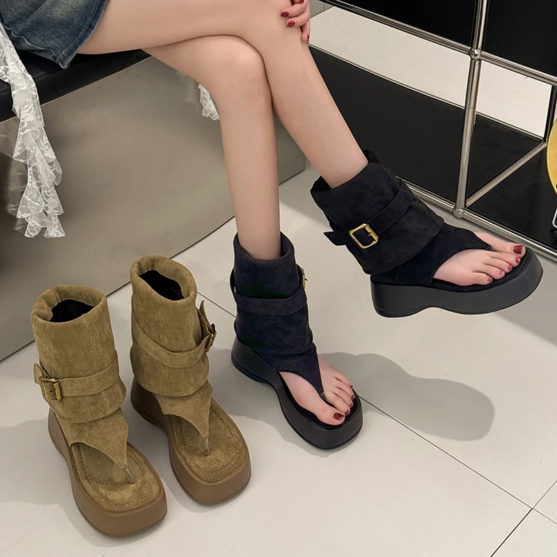 贾不假凉鞋女2025新款夏外穿短靴潮流复古小个子增高夹趾凉靴鞋子