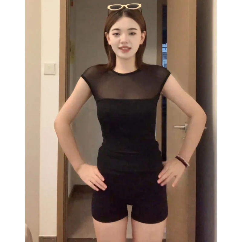 纯欲性感大码性感网纱镂空微透短袖女夏日时髦小众拼接上衣T恤潮