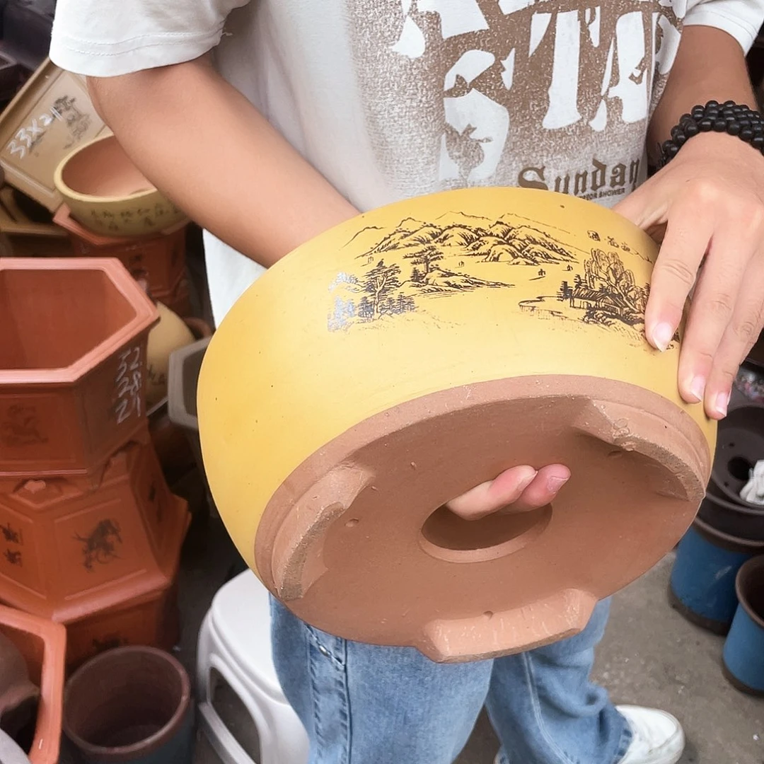 黄色江山如画中号花盆紫砂花盆