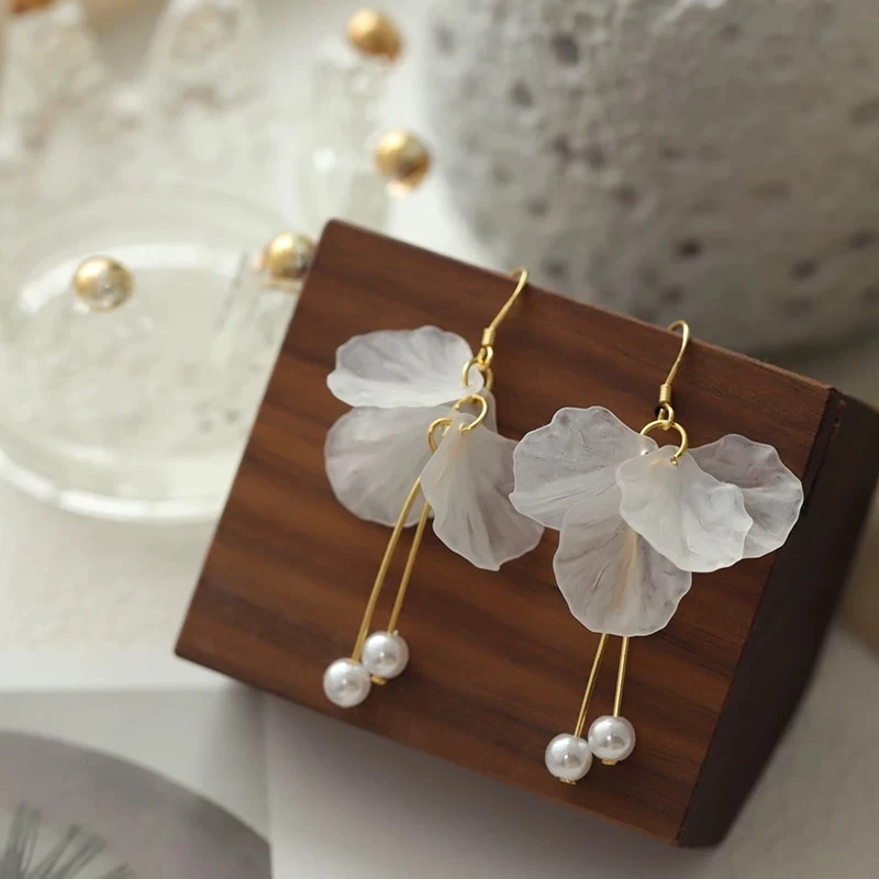 铜合金耳饰【玫瑰予浪】925银针镀14K亚克力叶子耳环日韩简约气质