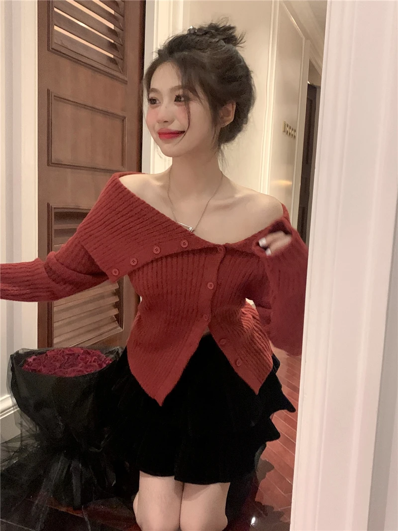 翻领不规则针织开衫女装秋冬粉色露肩性感打底修身毛衣上衣