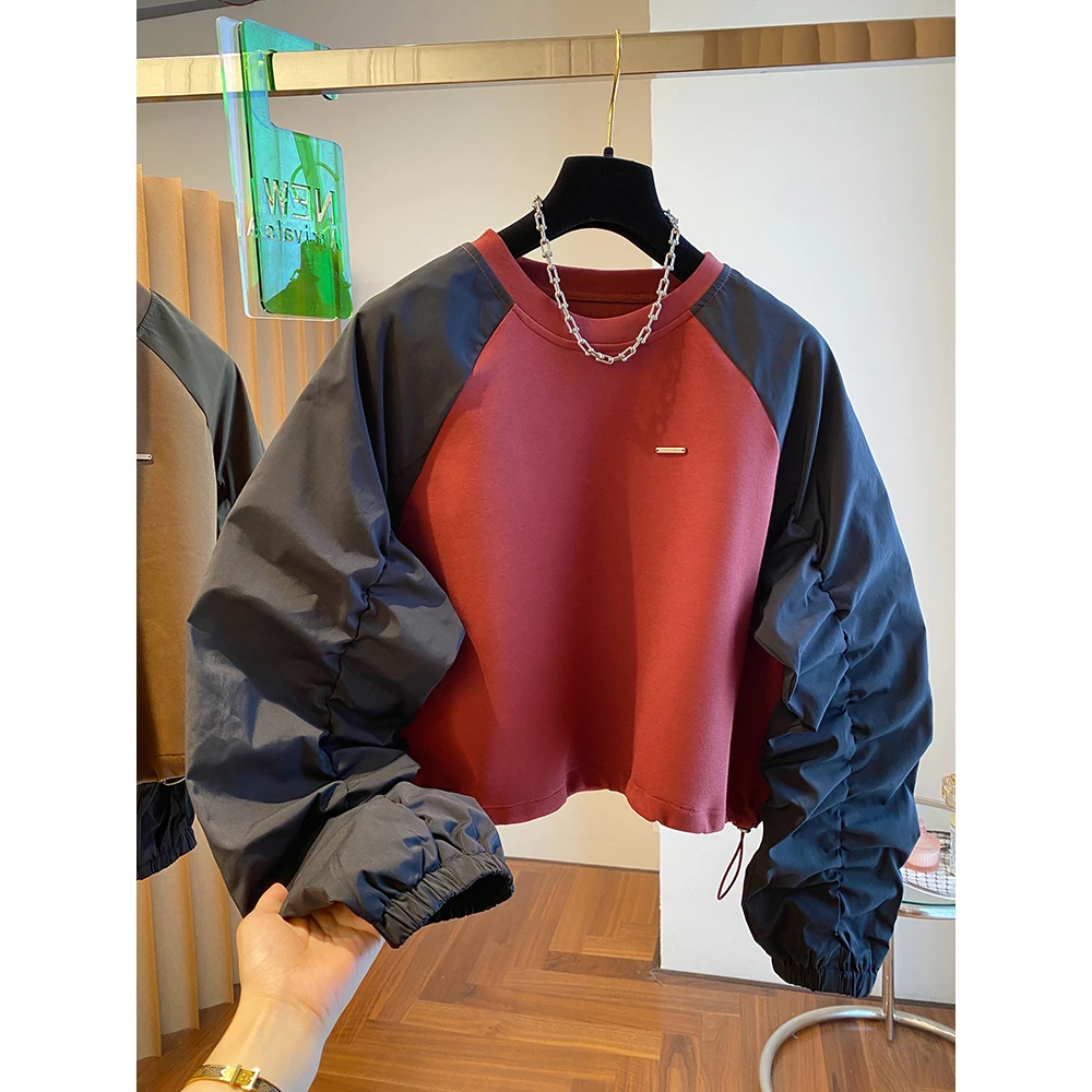 韩国东大门抽绳设计感套头圆领撞色拼接插肩袖卫衣女秋短款上衣