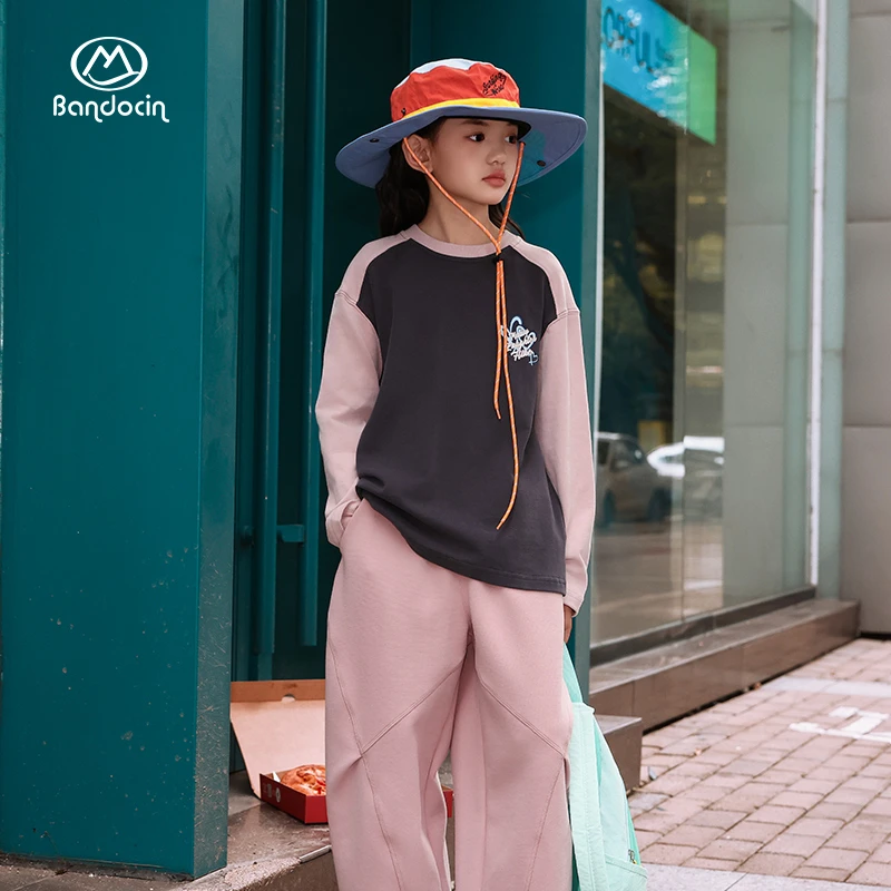 国潮牌女童原创美式复古撞色插肩袖长袖打底衫T恤