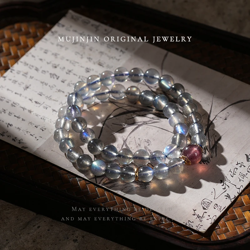 【木槿槿】天然灰月光圆珠双圈女生小众百搭礼物手链7m+时尚手串