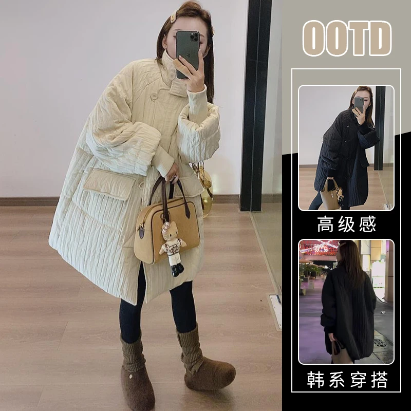 高级感超好看的秋冬韩版棉服女赫本风褶皱休闲中长款时尚减龄外套