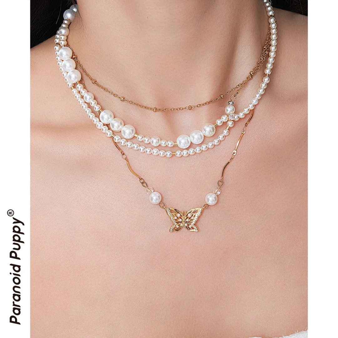 合金合成锆石吊坠 饰品《鎏》蝴蝶项链女秋冬叠戴层次感轻奢复古金