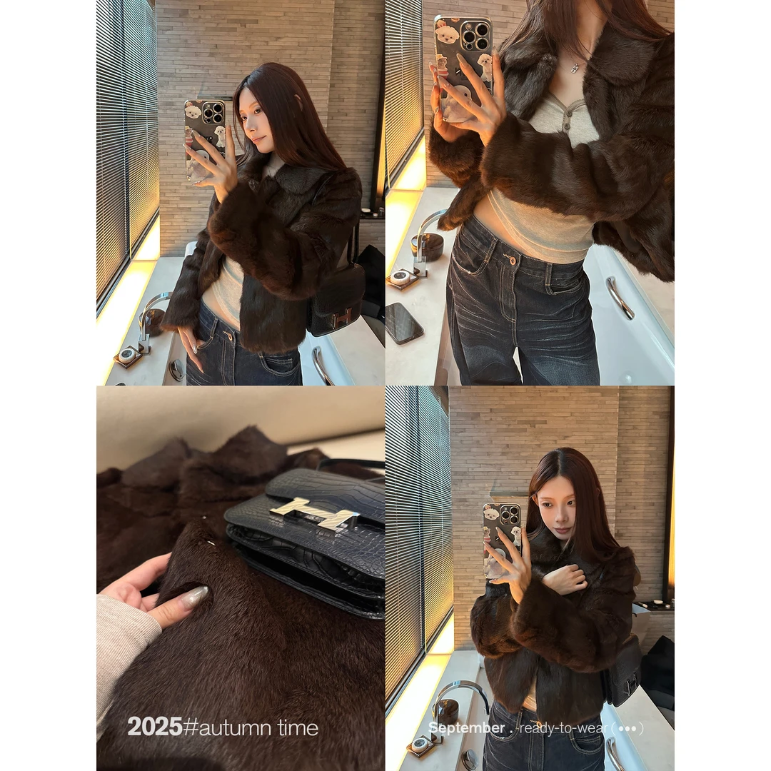 SUNONEONE 兔毛翻领短款宽松毛毛皮草外套女秋新款气质上衣H1464W