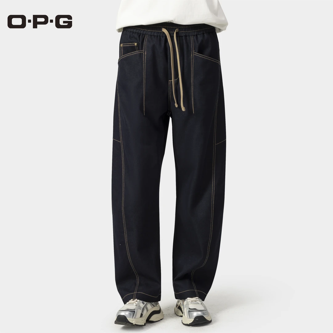 O.P.G【撞明线透气抽绳直筒牛仔裤】夏季新款情侣时尚宽松休闲长裤