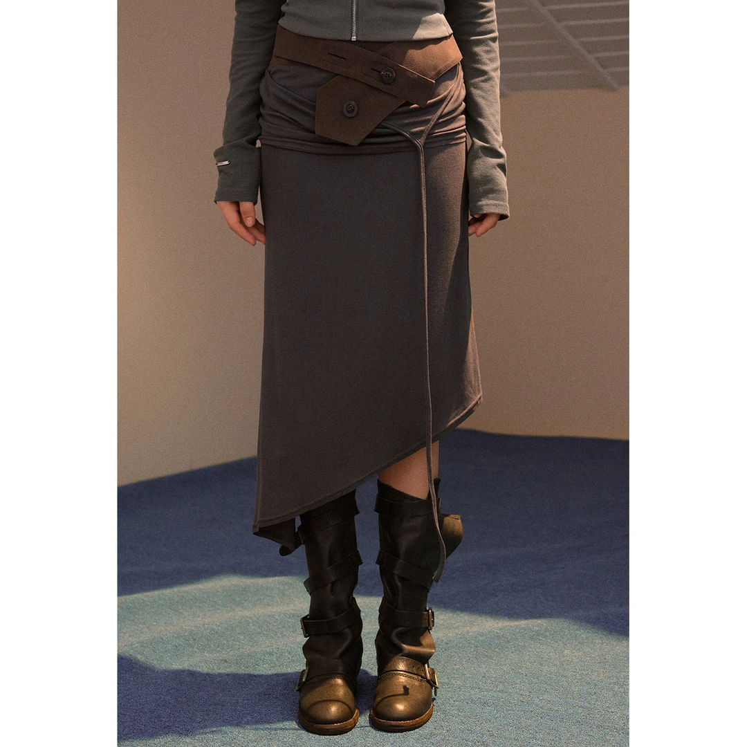 【12.11新品】wooha 吾哈2026早春新款仿麂皮腰头不规则针织半裙