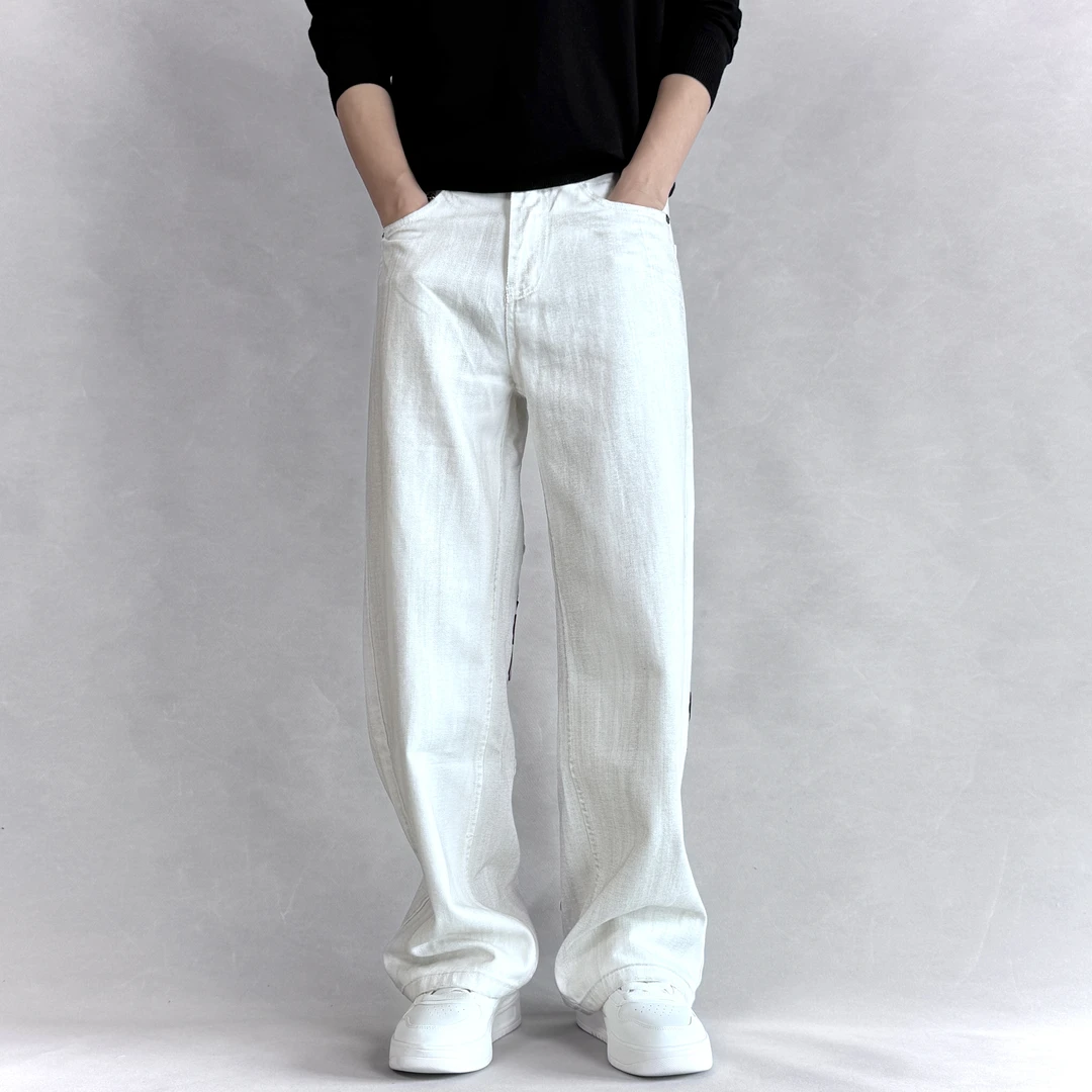 【宽松大直筒】纯棉无弹潮牌牛仔裤男士时尚水洗做旧脏脏裤白色