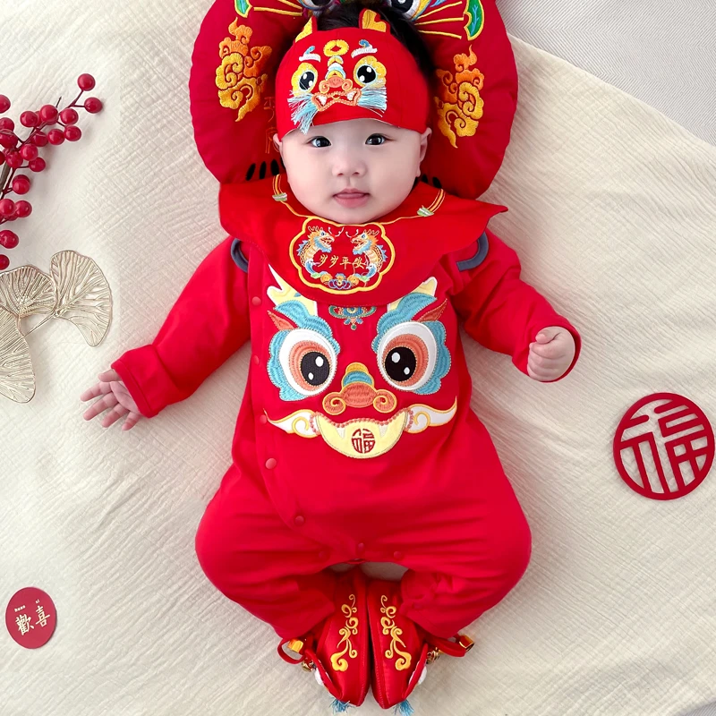 秋上新蛇年百日宴喜庆长袖哈衣满月百天周岁服婴儿连体衣爬服5383
