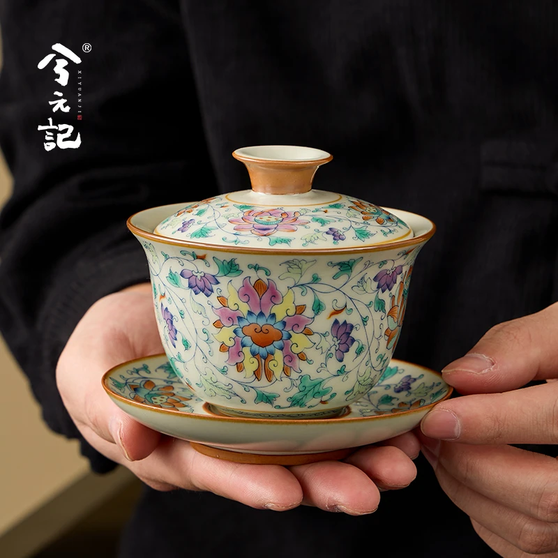 清涟汝窑三才盖碗茶杯单个高档陶瓷泡茶碗带盖三件套家用功夫茶具