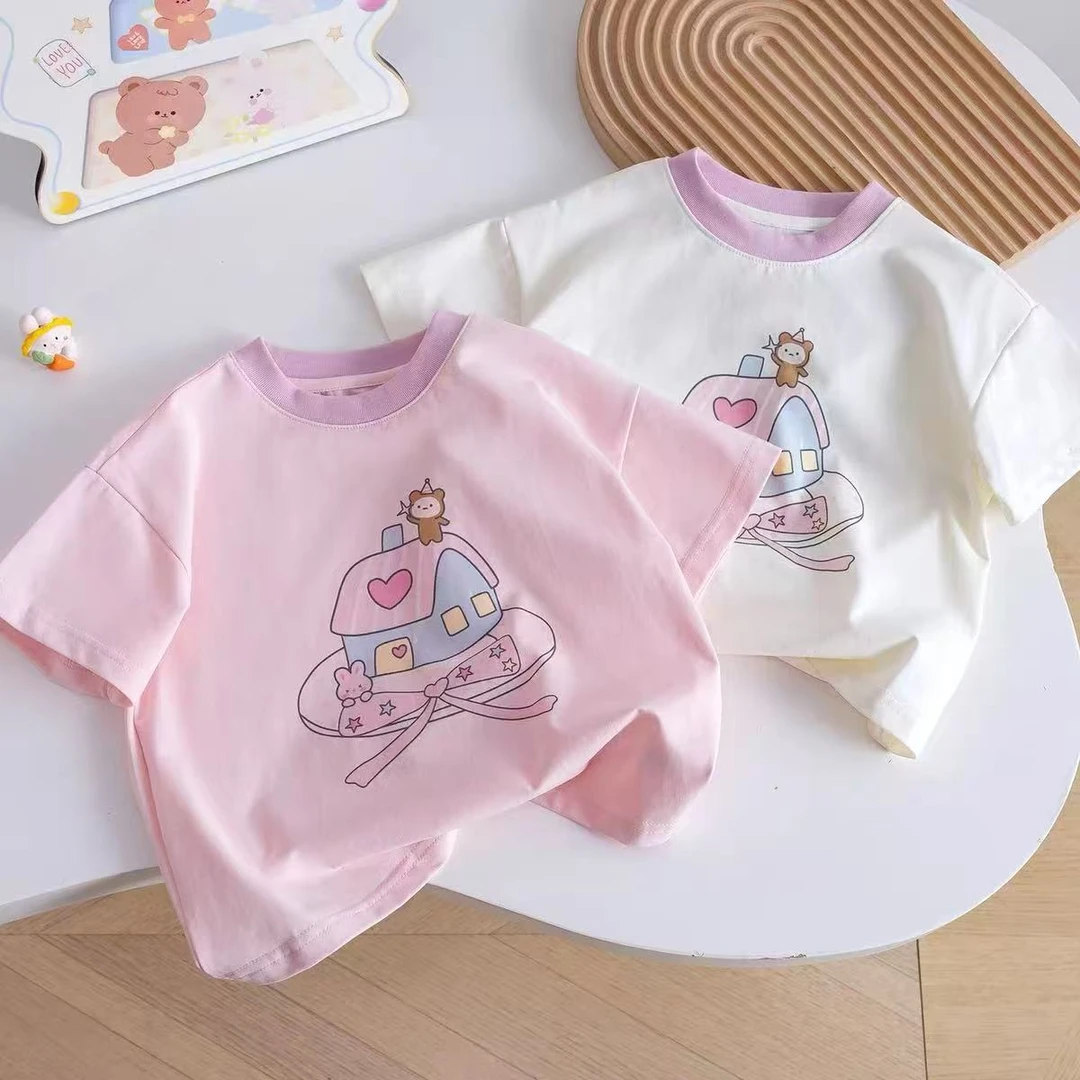 吸汗透气女童短袖T恤宝宝拼接撞色短袖圆领可爱2025新款薄款纯棉