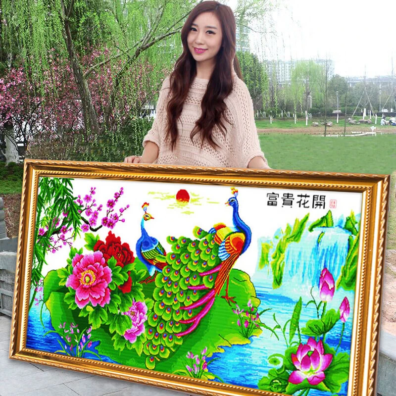 孔雀富贵图2025新款手工刺绣十字绣线绣客厅简单高端大气花开富贵