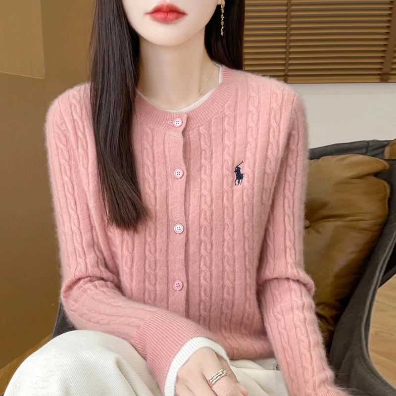 显瘦洋气款~100纯羊毛衫女开衫绞花刺绣圆领假两件时尚减龄小外套