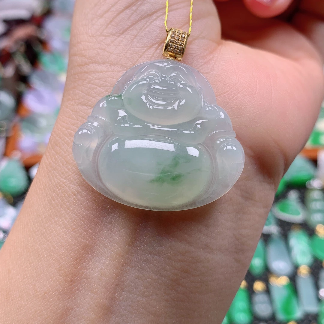 缅甸天然A货翡翠，冰飘花佛公，编号338/1018.尺寸30.3-34.5-6