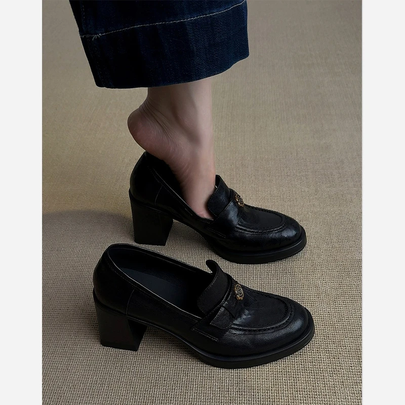 羊皮版~复古高跟山茶花乐福鞋女英伦风小皮鞋一脚蹬静音粗跟单鞋