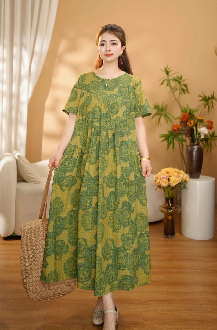 【素雅】夏季新品连衣裙宽松显瘦大板拼接休闲棉麻印花洋气长裙3036
