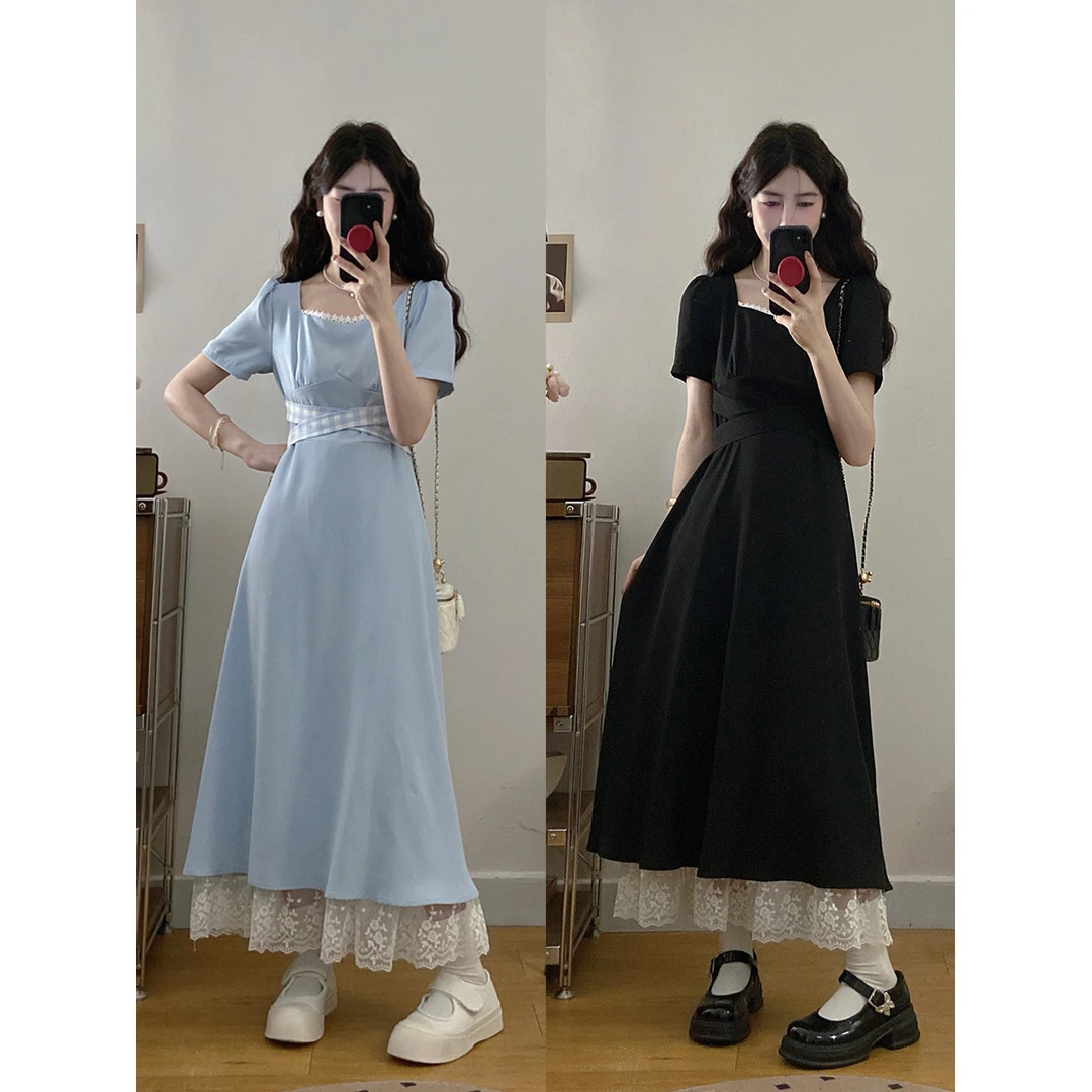 【小曹大码】法式气质方领格子绑带夏季设计感时尚连衣裙-LK3252