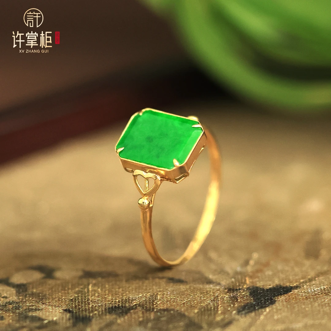 YGY｜平安戒 18K金翡翠戒指天然缅甸翡翠A货方牌爱心边配饰气质