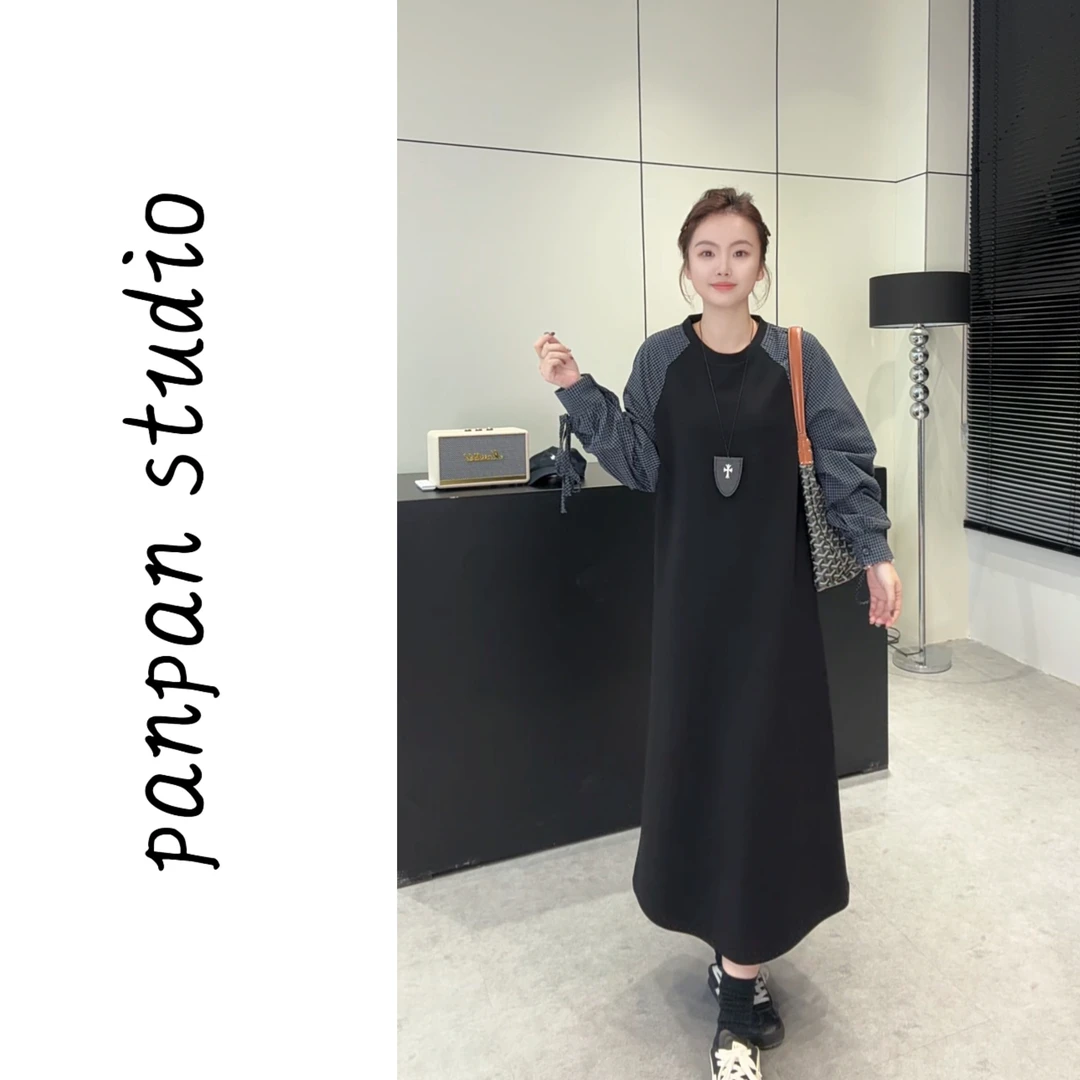 周老板/2025早秋新款复古拼接格子抽绳袖假两件宽松韩版连衣裙