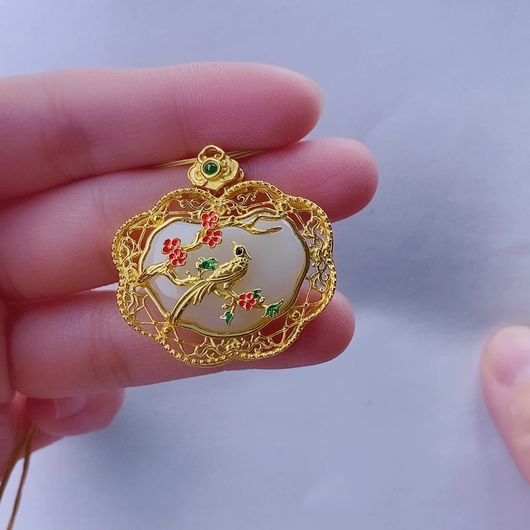 和田玉颈饰银S925镀金镶嵌