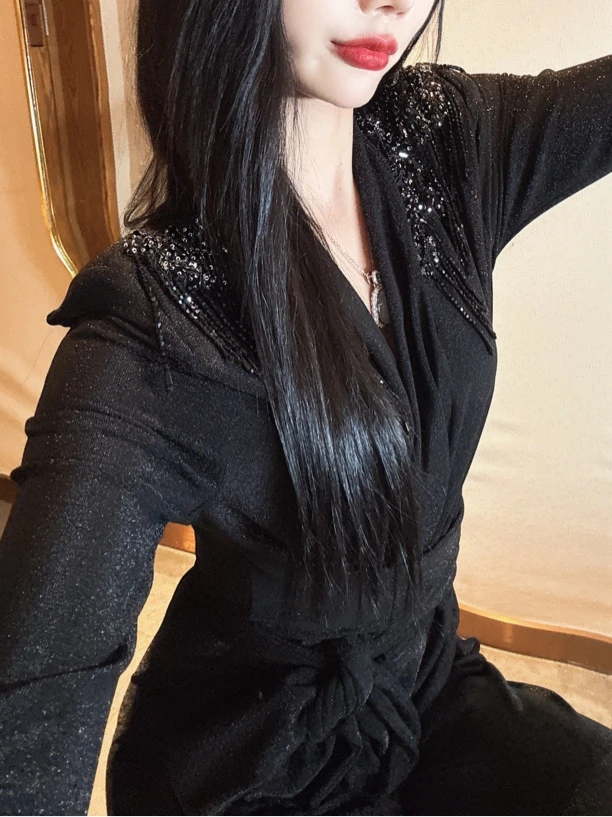 【茹哥】春季御姐穿搭今年流行黑色重工镶钻高级感连体连衣裤女