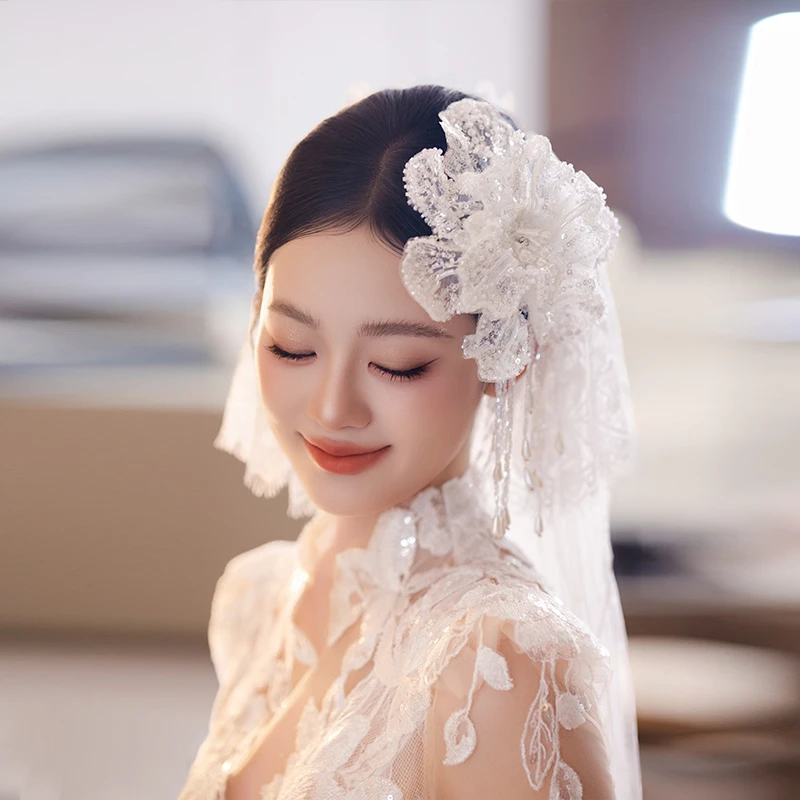 非金属布艺婚庆饰品 新娘手工超惊艳长款头纱头饰蕾丝花朵MC3102