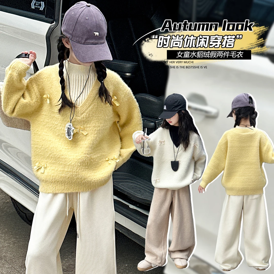 女童水貂绒假两件毛衣秋冬2025新款加绒加厚韩版洋气蝴蝶结针织衫