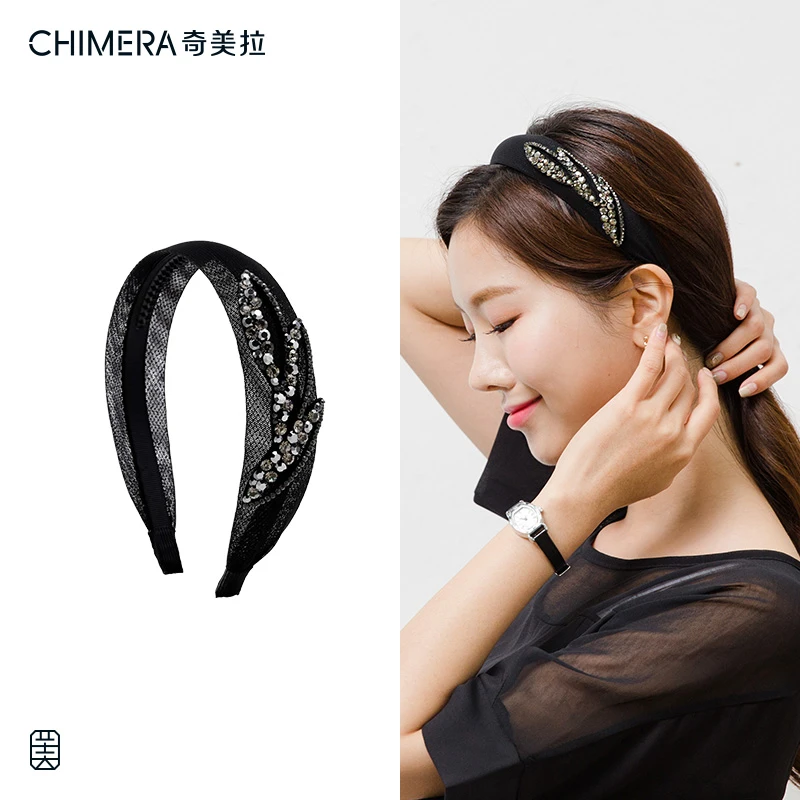 CHIMERA/奇美拉韩版闪钻网纱布艺简约宽边发箍黑色优雅气质网红