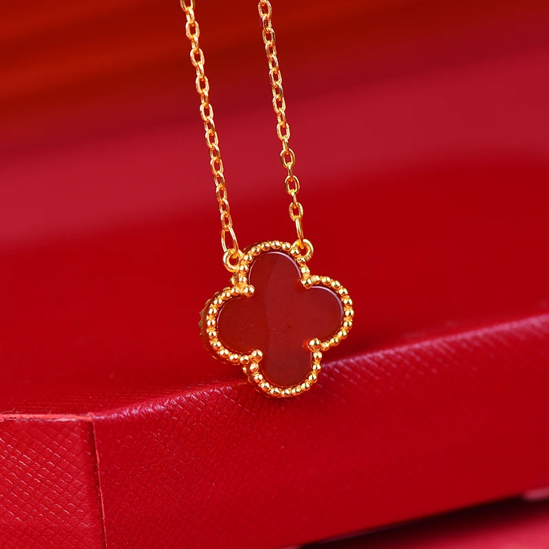 坠链均足银 四叶草单花项链红经典气质百搭轻奢传承工艺不掉