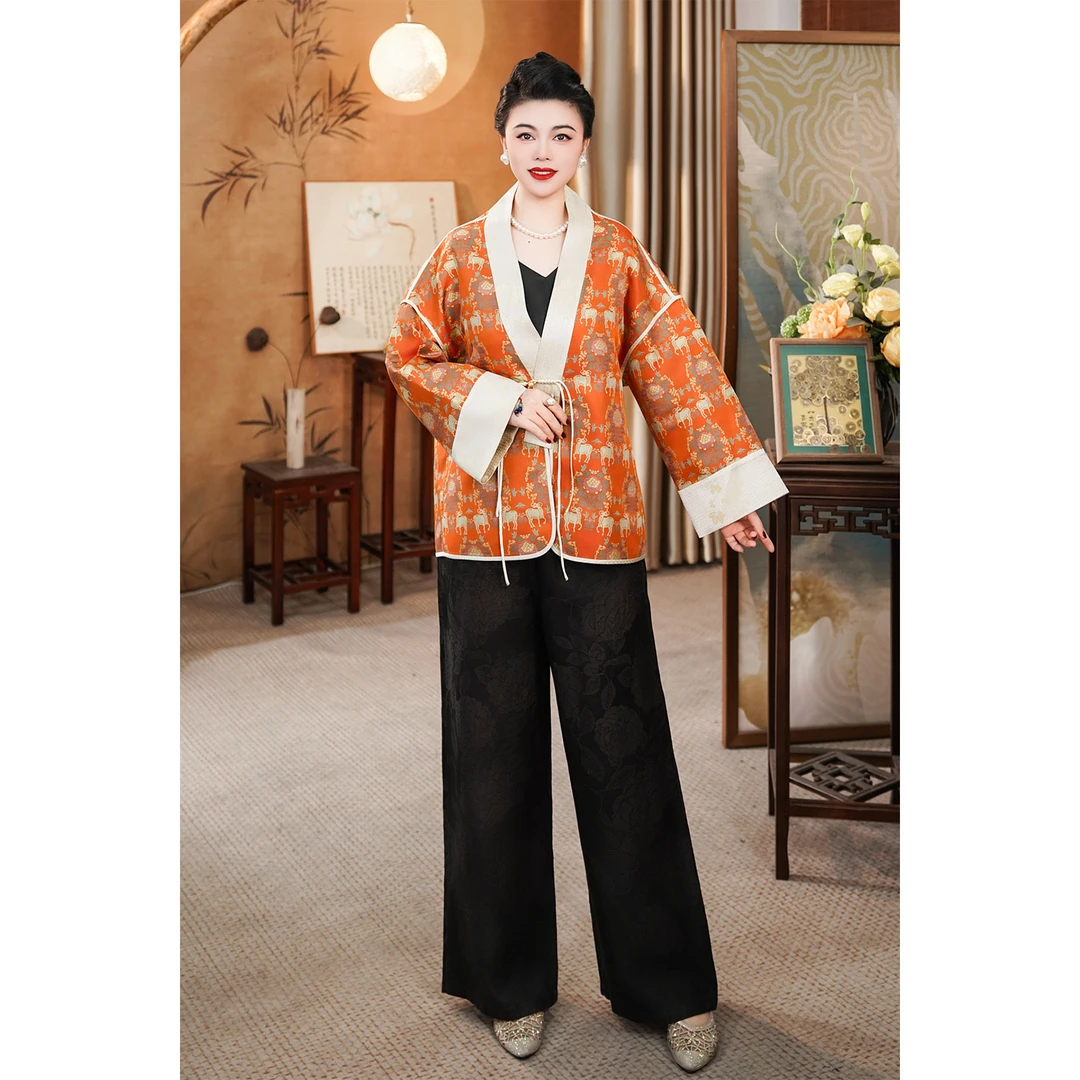 【花树对羊】100%桑蚕丝桑蚕丝蜀锦茶服风衣外套