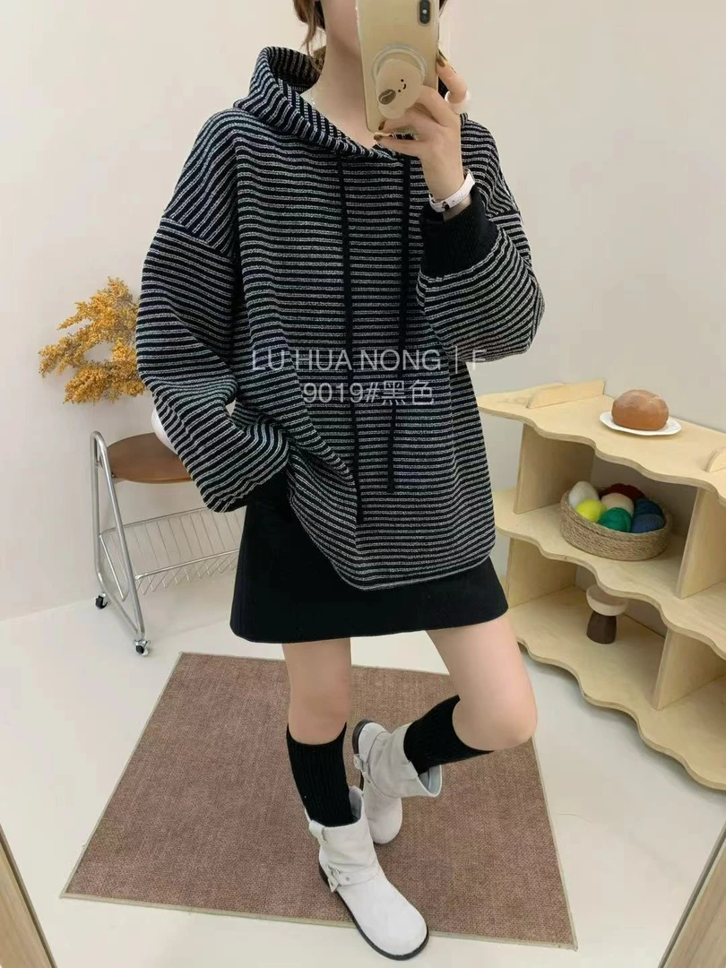 9019#连帽纯色条纹上衣 FL