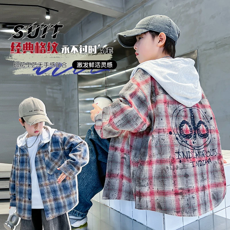 男童秋季格子连帽衬衫外套中大童帅气韩版衬衣大码青少年儿童上衣