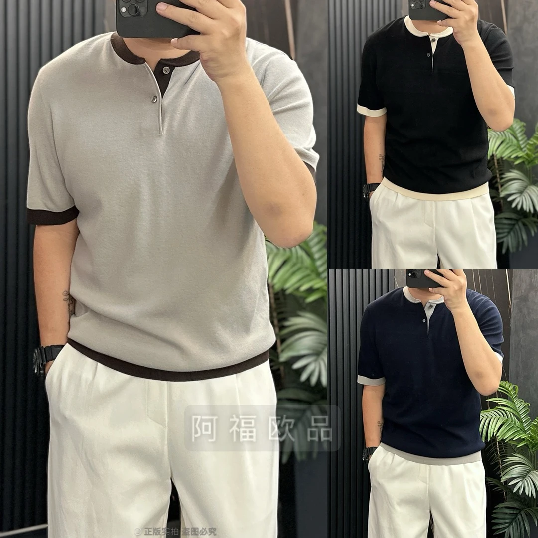 【阿福欧品】男士25秋桑蚕丝撞色边亨利领针织T恤