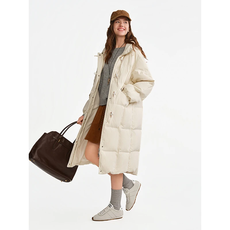 独束大码女装【牛角包羽绒】立领牛角扣长款白鸭绒羽绒服25DS84044