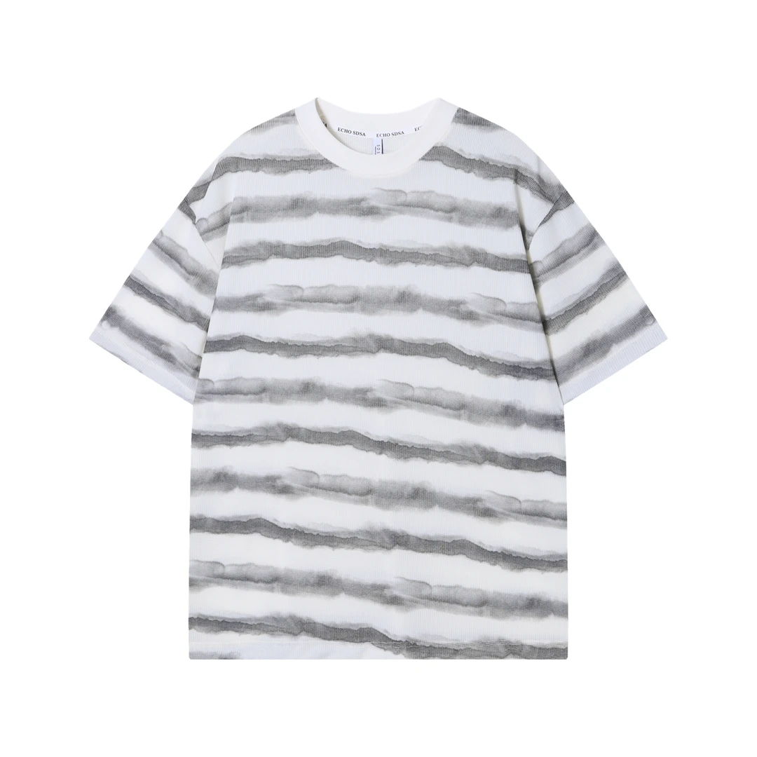 T1503新款时尚印染条纹男士T恤潮流百搭休闲上衣宽松复古小众T恤