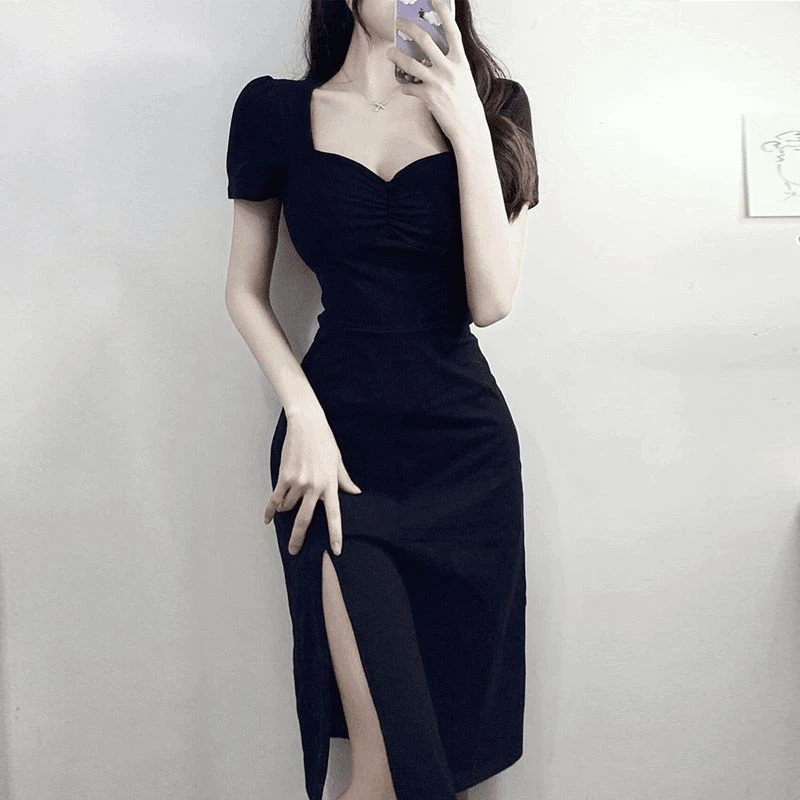 气质法式方领短袖连衣裙女复古泡泡袖开叉中长裙黑色包臀后妈裙