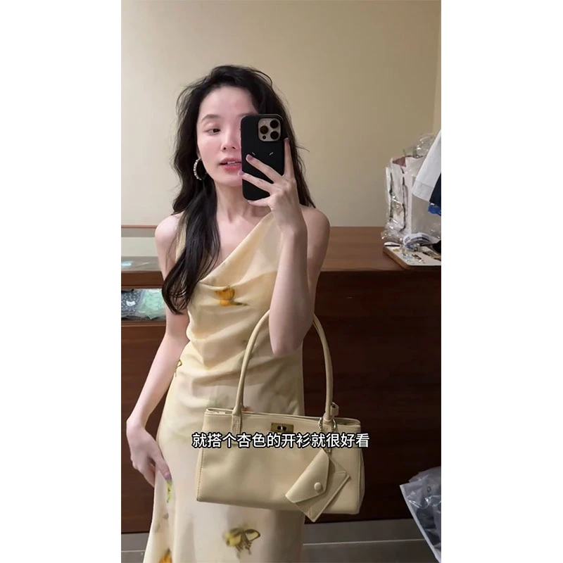 黄色印花无袖荡领小众设计感掐腰连衣裙独特漂亮裙子温柔韩系气质