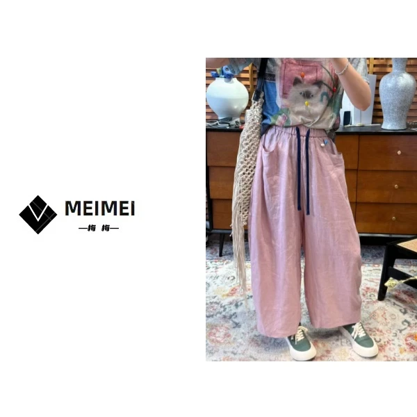 XMM【撞色抽绳亚麻裤】时尚休闲百搭夏季薄款宽松直筒洋气HB6618262